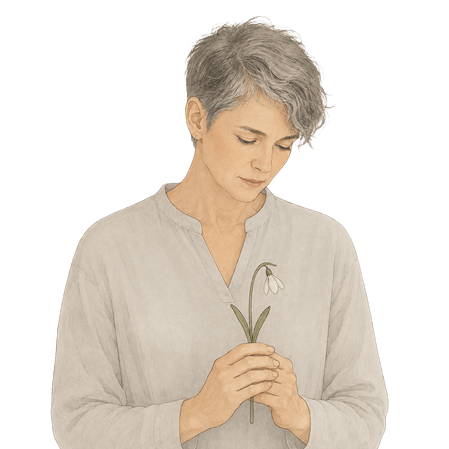 Nachdenkliche Person mit einer Blume als Illustration zu Trauer und Verlust
