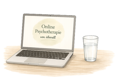 Illustration einer Online Psychotherapie über einen Laptop mit Psychotherapeutin Manuela Scharner.