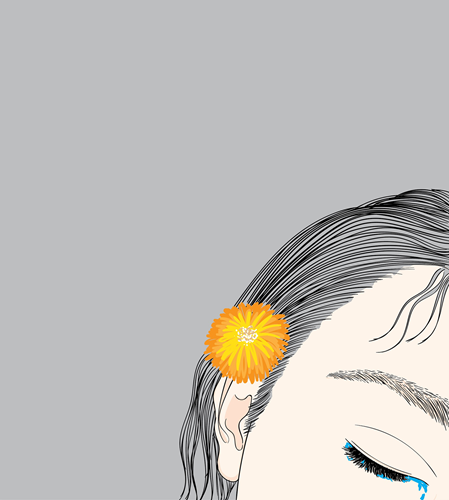 Frau mit Blume im Haar und einer träne in den Augen