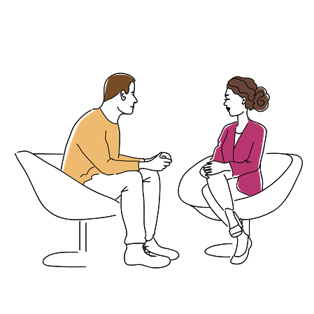 Frau und Mann im Coaching-Gespräch – gegenüber sitzend, gemeinsam Lösungen erarbeitend für mehr Klarheit und persönliche Weiterentwicklung.