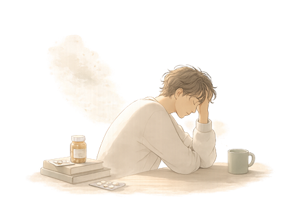 Erschöpfte Person am Tisch mit Medikamenten und Tasse als Illustration zu chronischer Erkrankung