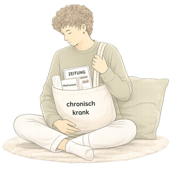 Illustration einer sitzenden Person mit Medikamenten und einer Zeitung in einer Tasche mit der Aufschrift „chronisch krank“ als Symbol für das Leben mit einer chronischen Erkrankung.